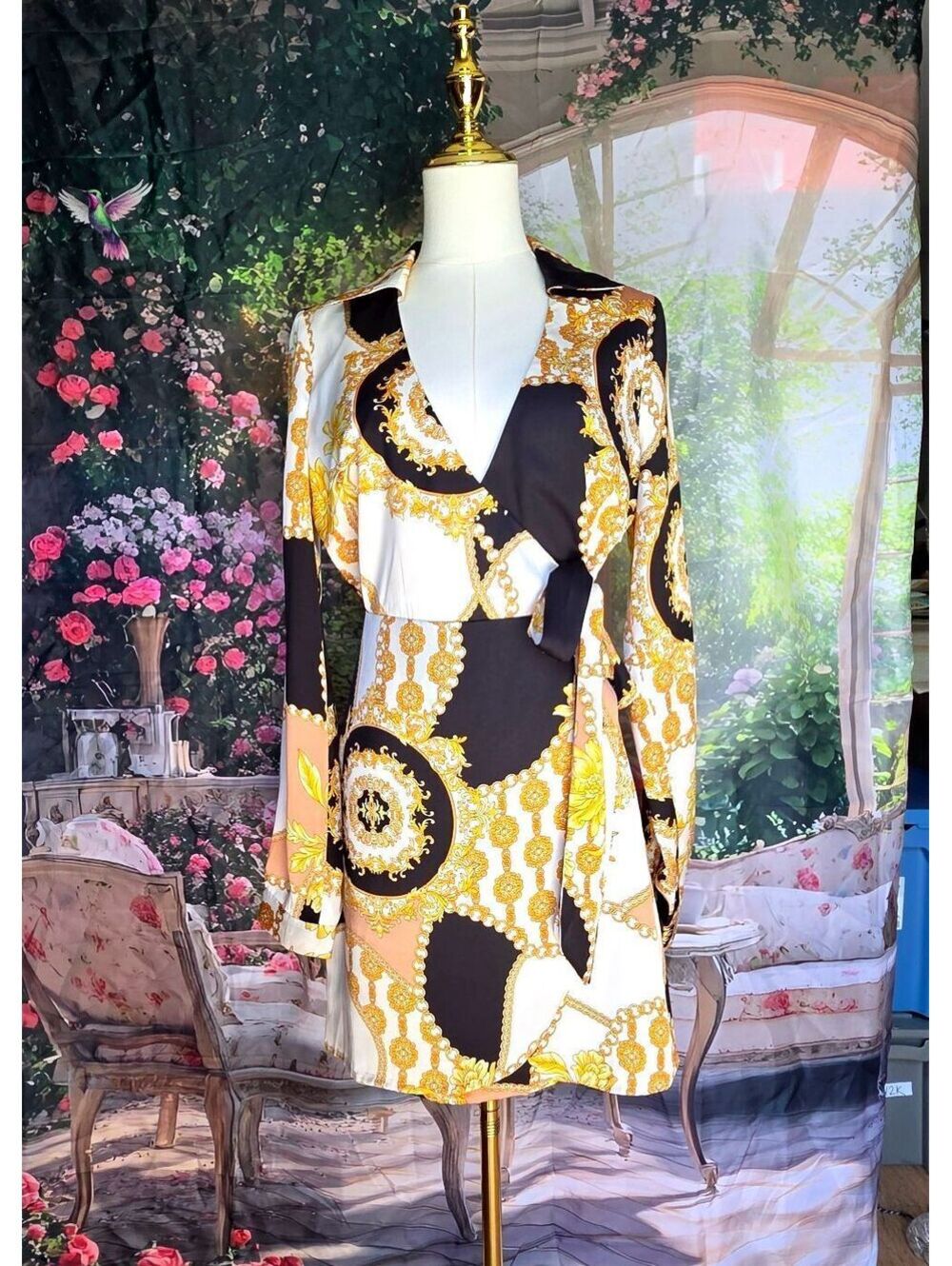 Forever21 Baroque Chain Print Wrap Mini Dress Black White Gold Long Sleeve M